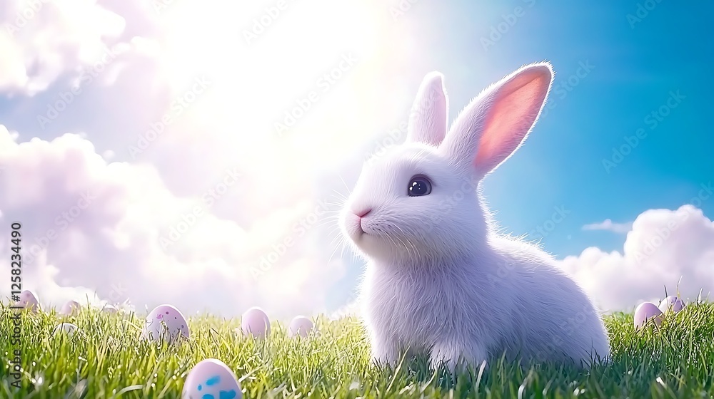 Obraz premium Springtime Bunny Among Easter Eggs in a Lush Green Meadow Under a Sunny Sky Celebration