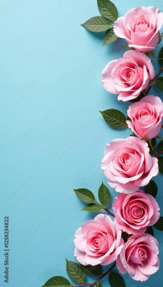 Soft pink roses cascade down a light blue canvas, flowers, gentle Soft pink roses cascade down a light blue canvas, flowers, gentle