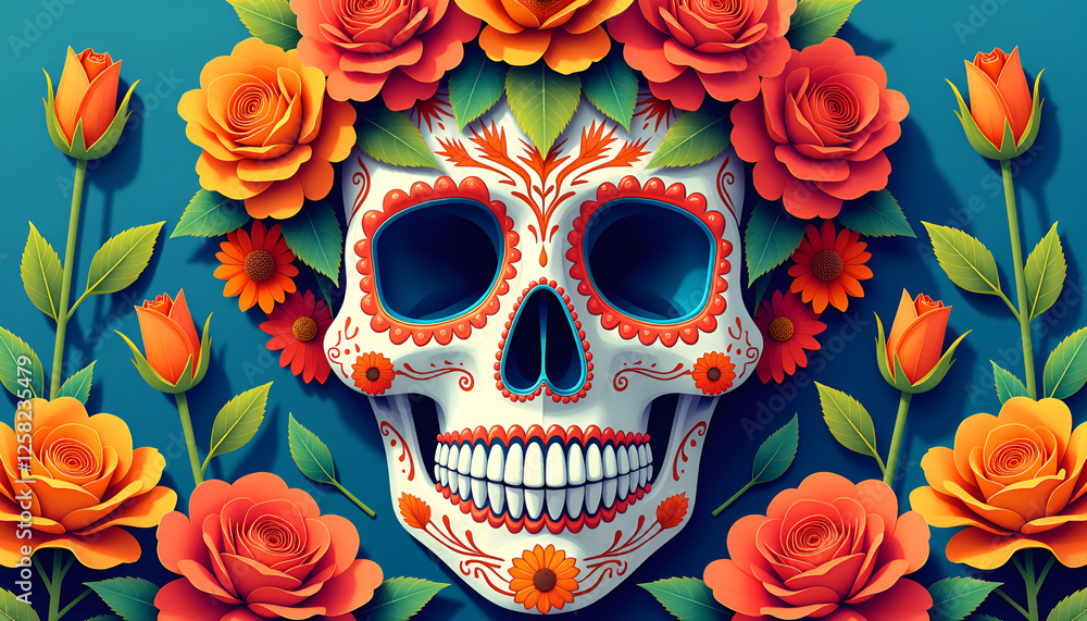 Sugar skull with vibrant red roses symbolizing love and remembrance Sugar skull with vibrant red roses symbolizing love and remembrance