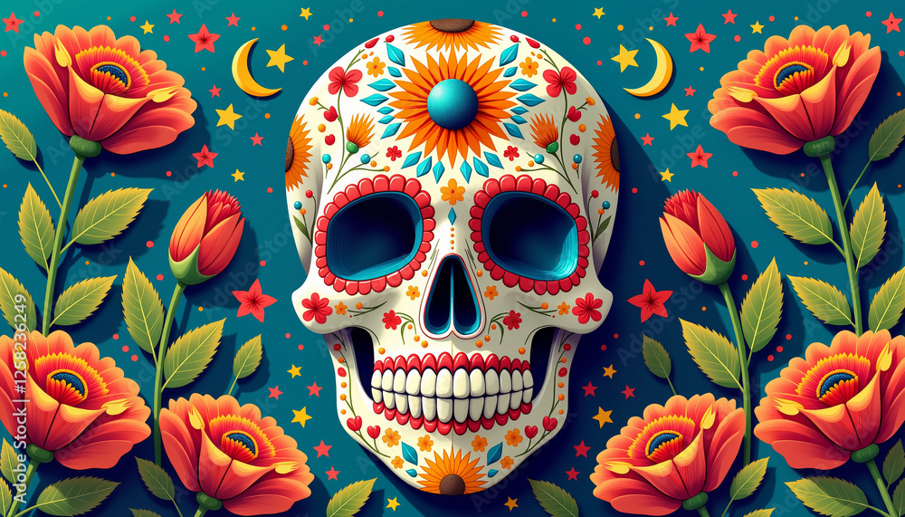 Sugar skull with celestial decorations and glowing elements for Día de los Muertos Sugar skull with celestial decorations and glowing elements for Día de los Muertos
