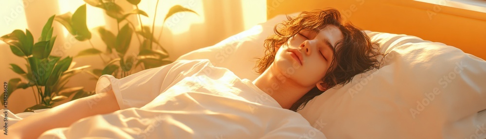 Capture the essence of solitude and struggle with this poignant image of an exhausted young man lying alone on a bed during quarantine, highlighting the mental health struggle The warm light