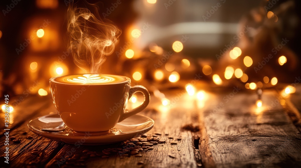 Fototapeta premium A cozy cup of steaming coffee sits on a rustic wooden table, surrounded by soft glowing lights, creating a warm and inviting atmosphere.