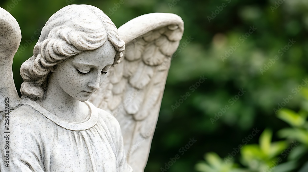 Stone Angel Sculpture with Wings in a Serene Garden Grave Marker Memorial Figure in Nature Stone Angel Sculpture with Wings in a Serene Garden Grave Marker Memorial Figure in Nature
