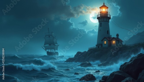 Moonlit Lighthouse Guiding a Distant Sailboat Through Rough Seas
