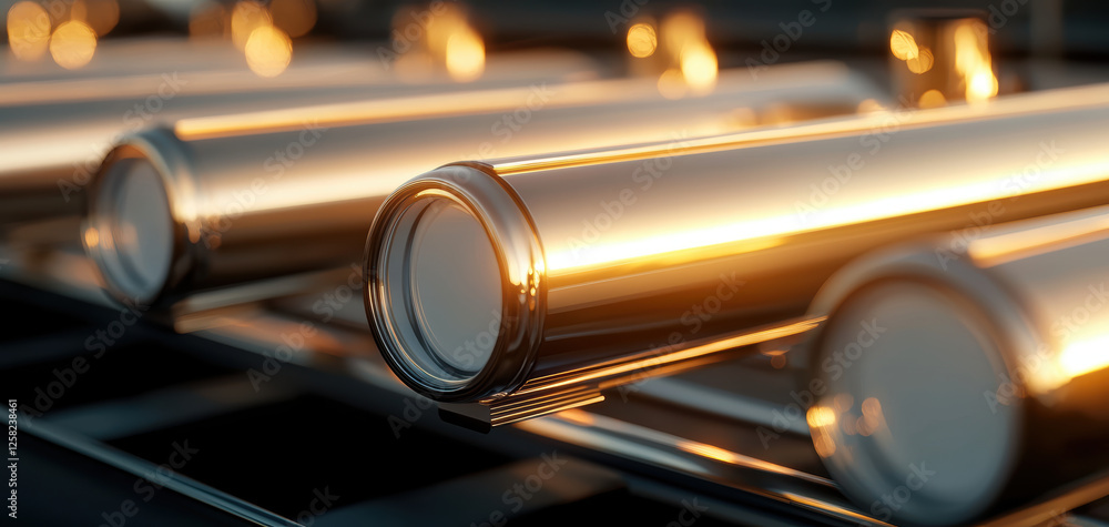 Naklejka premium Solar water heaters on residential rooftops reflect sunlight, showcasing sustainable energy solutions. shiny metallic tubes highlight modern technology and eco friendly practices