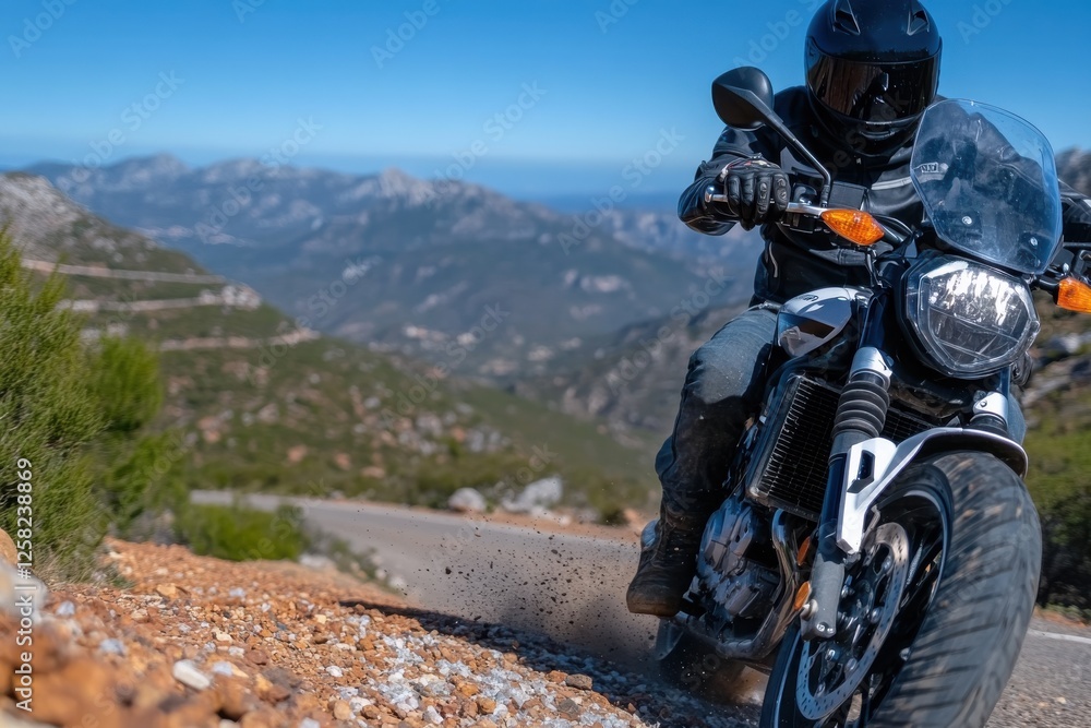 A skilled motorcyclist navigates a winding mountain road, showcasing the thrill of adventure and the beauty of nature in a stunning landscape backdrop filled with greenery. A skilled motorcyclist navigates a winding mountain road, showcasing the thrill of adventure and the beauty of nature in a stunning landscape backdrop filled with greenery.