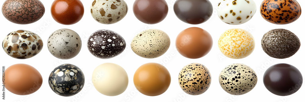 Collection of Bird Eggs, Diverse Shell Patterns and Colors, Showing a Variety of Avian Species' Eggs. Collection of Bird Eggs, Diverse Shell Patterns and Colors, Showing a Variety of Avian Species' Eggs.