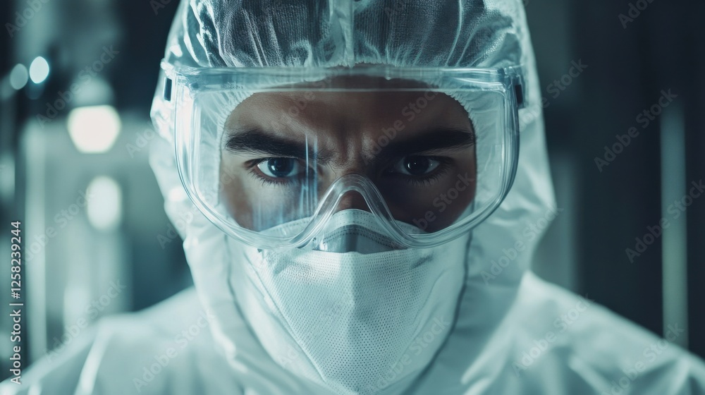 A worker in protective gear inspecting a massive stainless steel bioreactor where liquid medicine is being synthesized A worker in protective gear inspecting a massive stainless steel bioreactor where liquid medicine is being synthesized