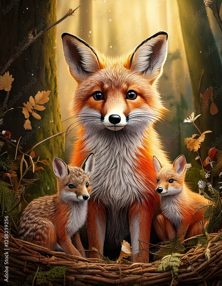 Obraz premium Cute Woodland Creatures – Foxes, deer, and rabbits in cozy settings