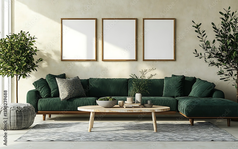 Fototapeta premium Modern living room interior design, green sofa, plants, sunlight, mockup frames