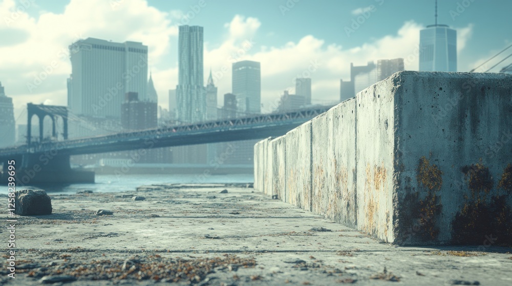 Obraz premium Urban waterfront decay, bridge, city skyline, construction blocks, hazy day