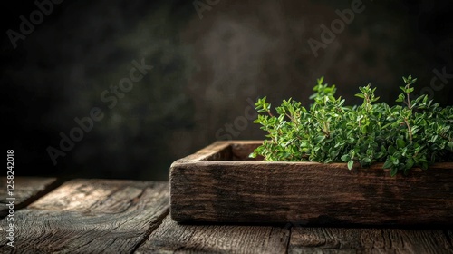 Fresh Thyme in Rustic Box on Wooden Table