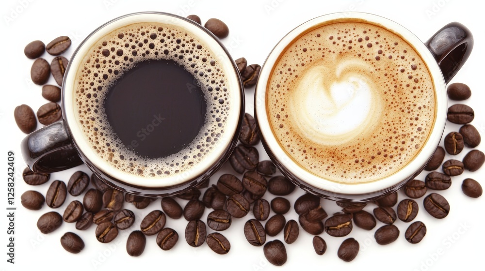 Fototapeta premium Freshly Brewed Coffee Cups with Aromatic Coffee Beans Surrounding Them