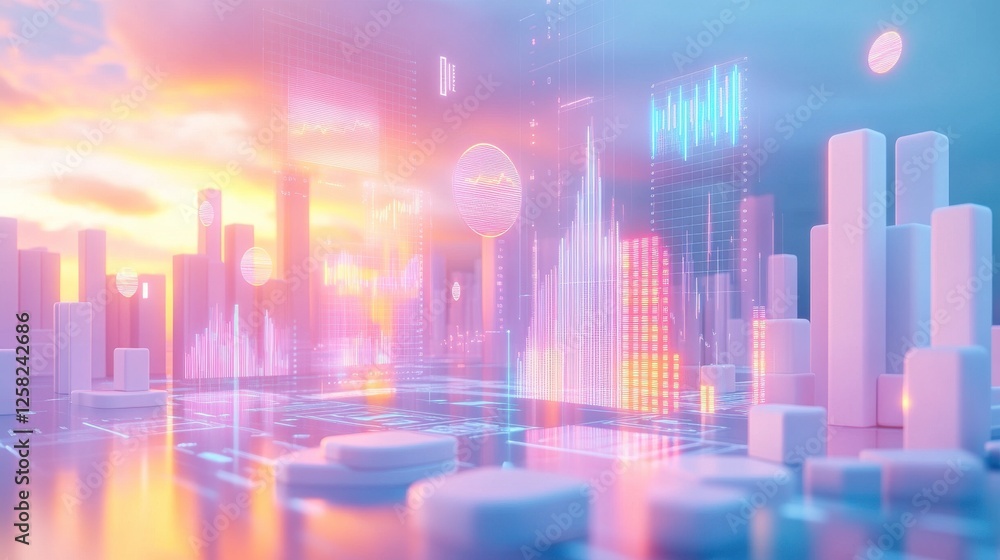 A vibrant digital cityscape at sunset, featuring futuristic skyscrapers and flowing data visualizations in a colorful, glowing environment. A vibrant digital cityscape at sunset, featuring futuristic skyscrapers and flowing data visualizations in a colorful, glowing environment.