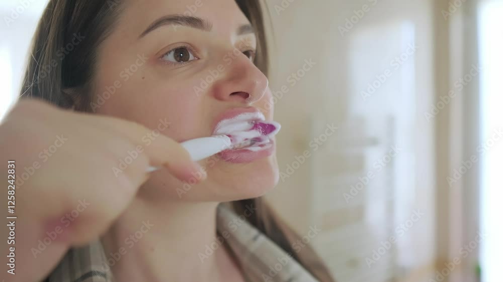 Young woman cares for her dental hygiene in front of the mirror. Starting the day with a smile, brushing for fresh breath. Young woman cares for her dental hygiene in front of the mirror. Starting the day with a smile, brushing for fresh breath.