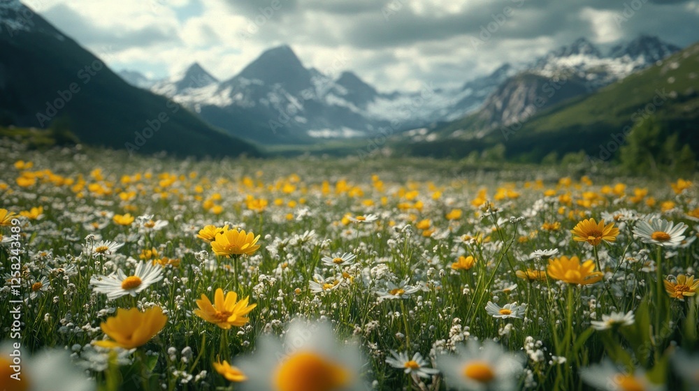 Fototapeta premium Mountain meadow wildflowers summer scenic travel poster