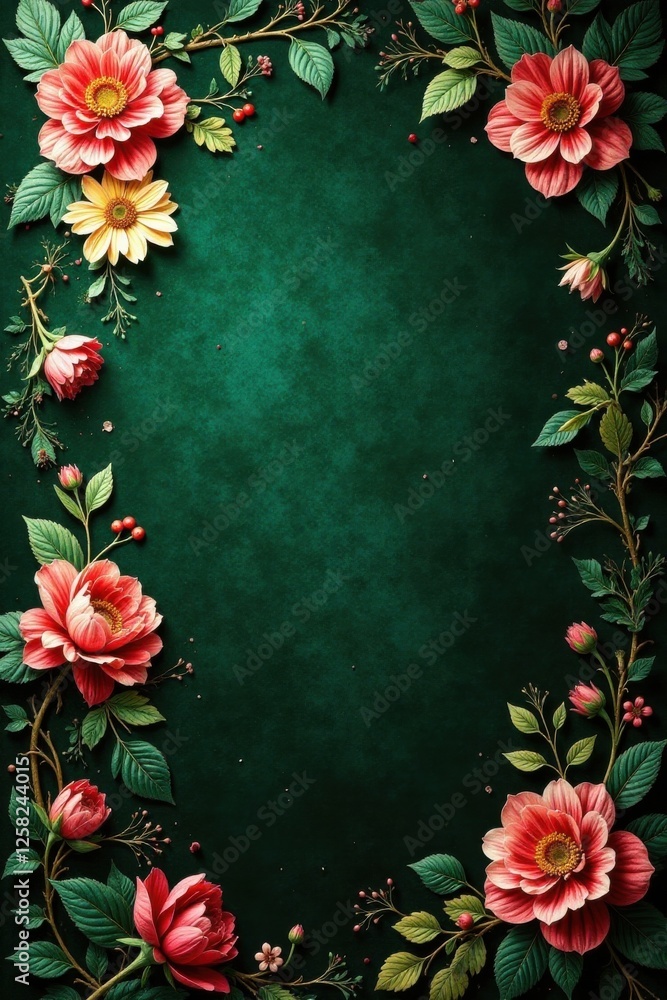 Dark green velvet fabric with intricate floral patterns, arranged in a random geometric composition, dark green color, background fabric Dark green velvet fabric with intricate floral patterns, arranged in a random geometric composition, dark green color, background fabric