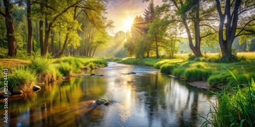 A tranquil river flows through a lush green forest, sunlight filtering through the canopy creating a magical atmosphere.