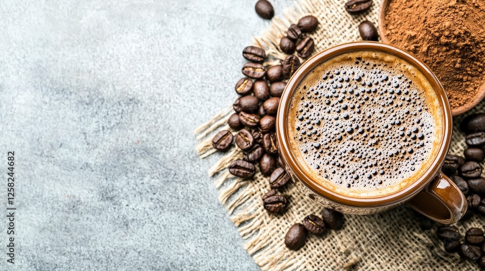 Aromatic Coffee Cup with Ground Beans on Rustic Surface Background Aromatic Coffee Cup with Ground Beans on Rustic Surface Background