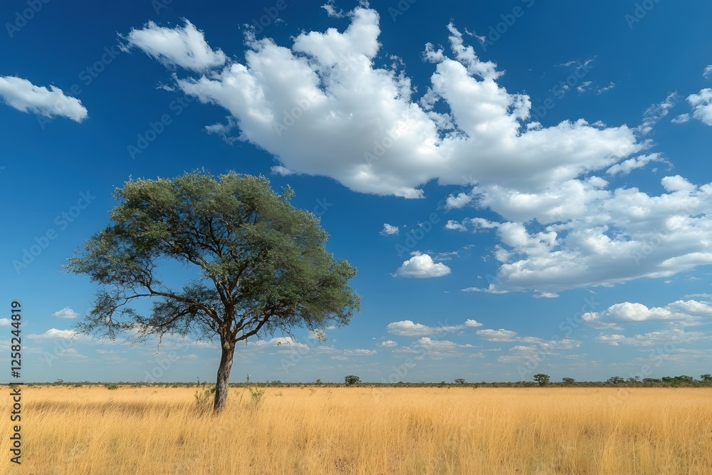 Serene Landscape of African Savannah with Solitary Tree under a Bright Blue Sky and Clouds Serene Landscape of African Savannah with Solitary Tree under a Bright Blue Sky and Clouds