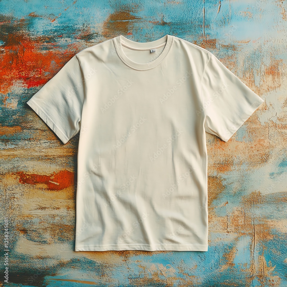 A plain white t-shirt displayed on a vibrant, textured background, ideal for showcasing clothing designs or fashion. A plain white t-shirt displayed on a vibrant, textured background, ideal for showcasing clothing designs or fashion.