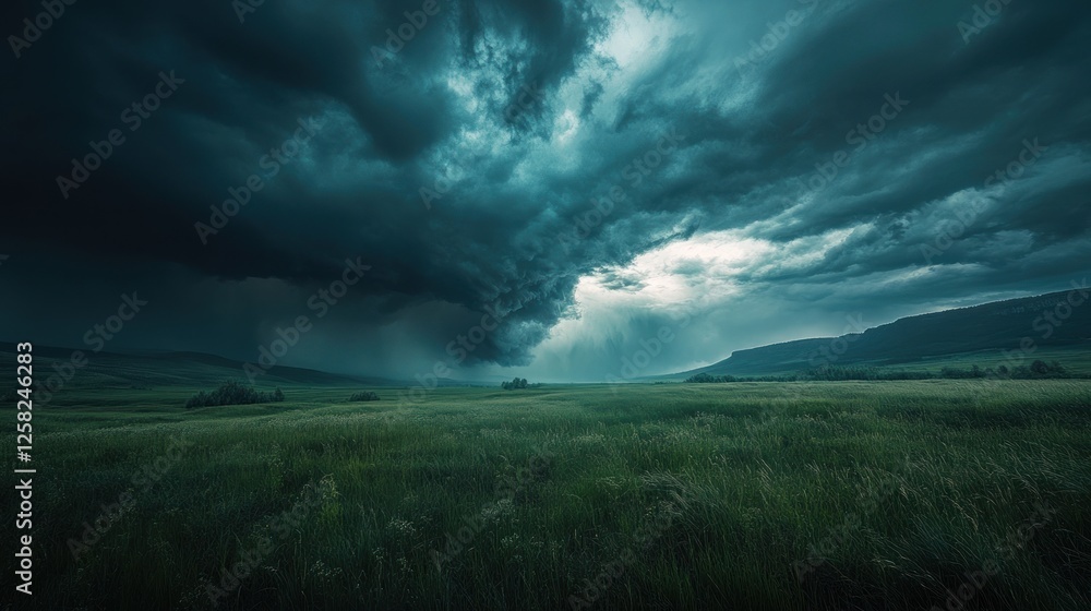 Stormy Prairie Landscape Dark clouds over green field, impending rain, dramatic sky Stormy Prairie Landscape Dark clouds over green field, impending rain, dramatic sky