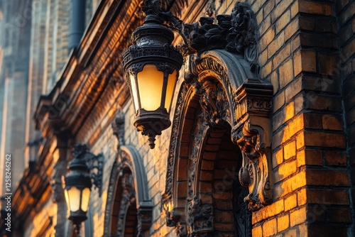 Ornate lamps illuminate brick building entrance at dusk; architectural detail