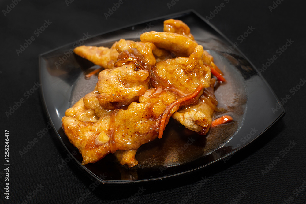 chinese cuisine, fried chicken with sweet and sour sauce on black background chinese cuisine, fried chicken with sweet and sour sauce on black background