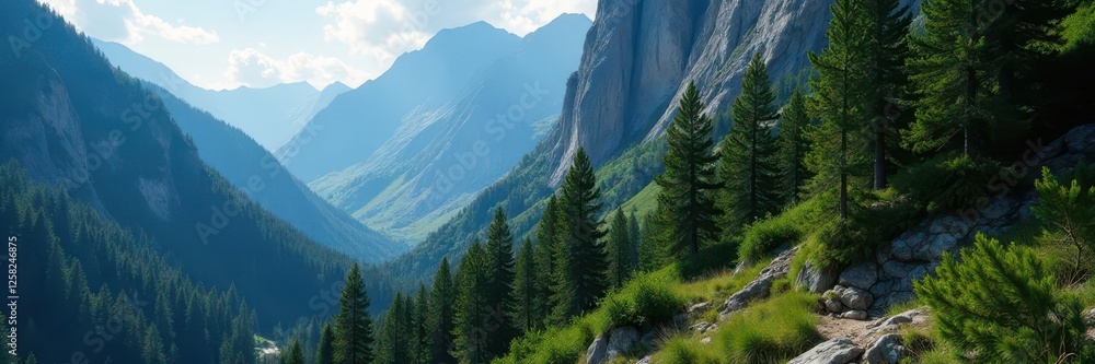 Dense pine forest clinging to steep, rocky mountainside, woods, botanical Dense pine forest clinging to steep, rocky mountainside, woods, botanical