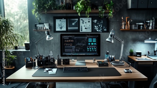 A biohacker s minimalist workspace with a DIY genetic modification setup, CRISPR tools, and smart gadgets photo