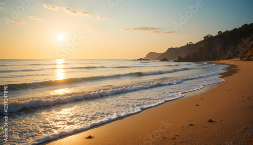 Wallpaper Mural Beach at sunset waves rolling on sand under the sun, cliffs in background. Tourism Torontodigital.ca