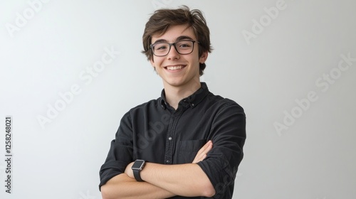 Smiling teen, arms crossed, studio portrait, neutral background, website profile