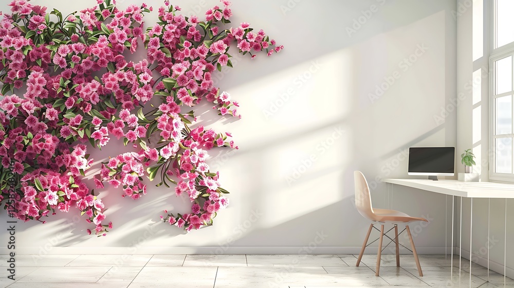 Fototapeta premium Intricate 3D artwork of azaleas on a wall, with a bright and modern workspace mockup on the side.