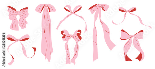 A collection of hand drawn pink bows with ribbons. Isolated. Vector illustration for wedding invitations, menus, cards for Christmas, Valentine's Day, birthday and other holidays.