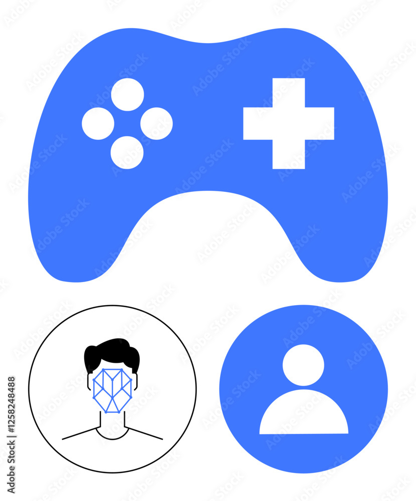 Blue gaming controller, facial recognition icon, and user profile avatar depicting modern tech trends. Ideal for gaming, identity, AI, personalization, innovation, tech design abstract line flat Blue gaming controller, facial recognition icon, and user profile avatar depicting modern tech trends. Ideal for gaming, identity, AI, personalization, innovation, tech design abstract line flat