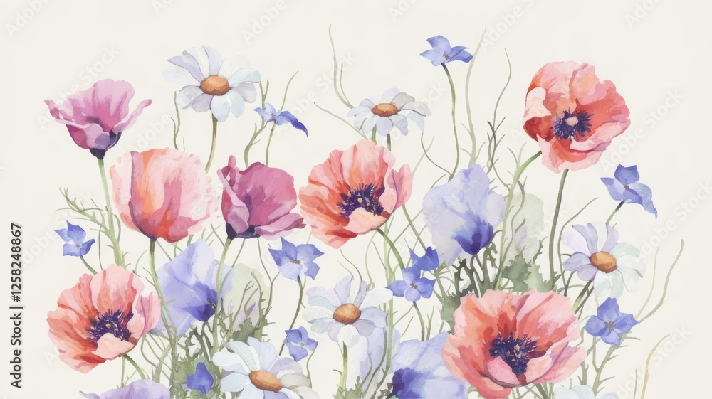 custom made wallpaper toronto digitalDelicate Watercolor Floral Arrangement of Poppies, Daisies, and Wildflowers