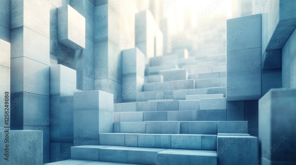 Ascending Concrete Steps, Futuristic Cityscape, Sunrise, Progress Ascending Concrete Steps, Futuristic Cityscape, Sunrise, Progress