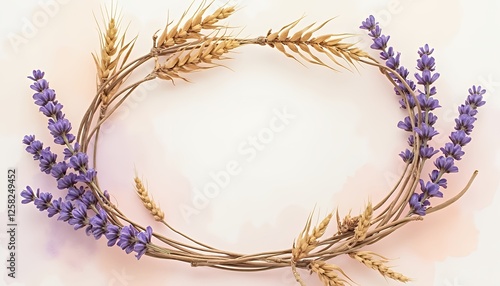 Lavender and Wheat Wreath Frame on Pale Background for Invitations