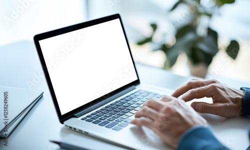 Close up of hands typing on laptop with blank screen, showcasing modern workspace. scene conveys focus and productivity in bright environment