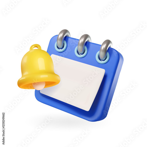 3D calendar with yellow bell. Reminder icon, event meeting planner. Calendar planning with alert bell, plan concept. 3d Cartoon vector isolated