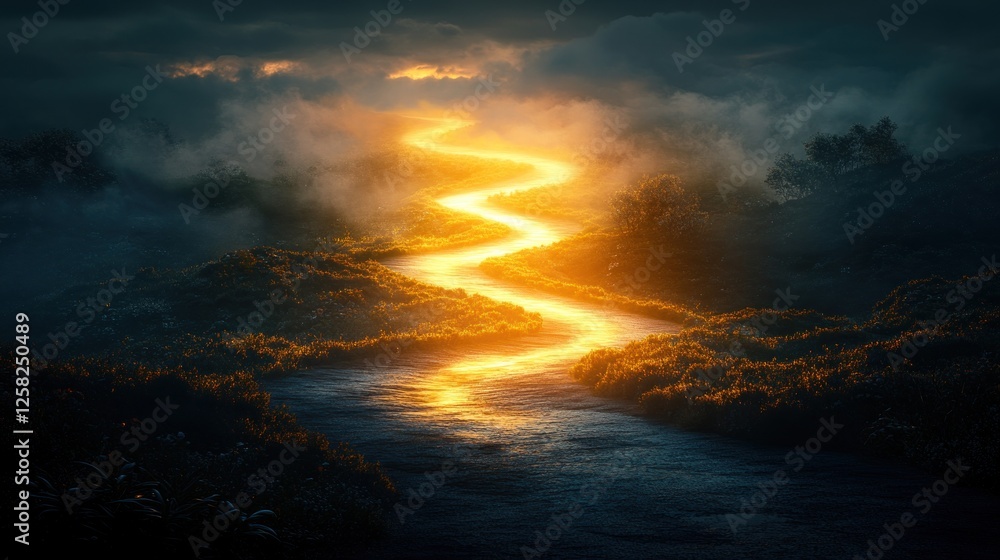 Fototapeta premium Glowing path through misty landscape, sunrise, fantasy, hope, spirituality