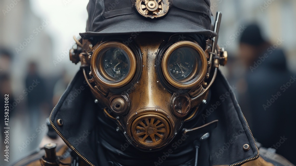 Fototapeta premium Steampunk mask, city street, crowd, parade, costume