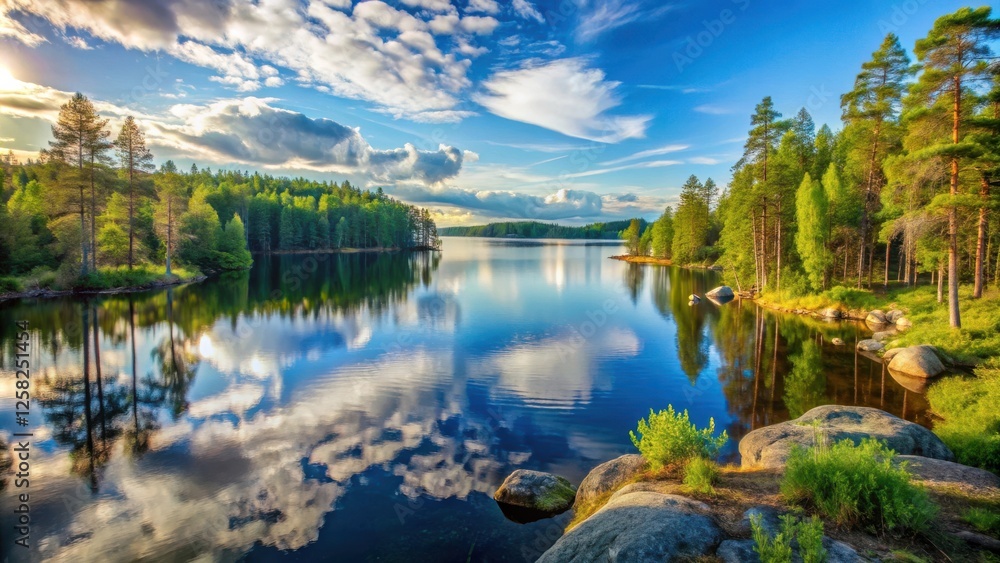 Fototapeta premium Serene Lake Reflecting a Tranquil Sky with Lush Green Trees and Boulders on the Shoreline