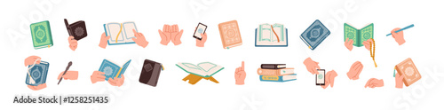 Set of Quran and Muslim hands gesture in colored flat cartoon design. The holy book of the Koran collection. Islamic religion symbol design element. Hand drawn vector illustration isolated on white