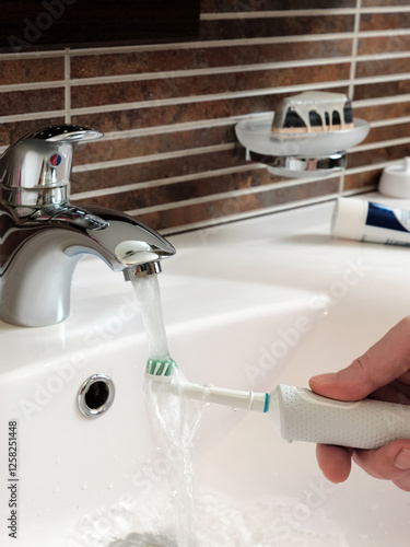 Mans hand holding toothbrush under running water. Thoroughly rinses toothbrush from toothpaste residues, directing stream of water from water tap. photo