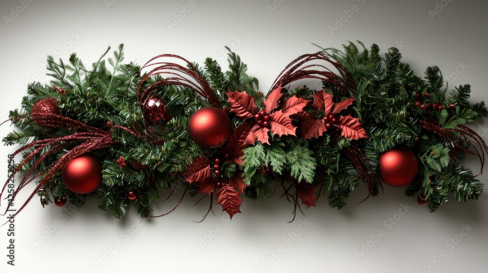 Festive red Christmas garland with ornaments, greenery, and poinsettias Festive red Christmas garland with ornaments, greenery, and poinsettias