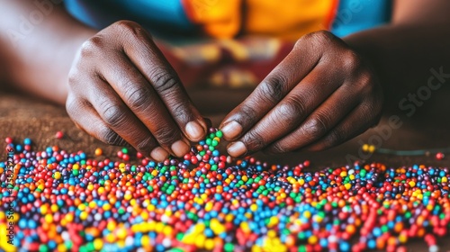 African artisan crafts colorful beads, village background, jewelry making