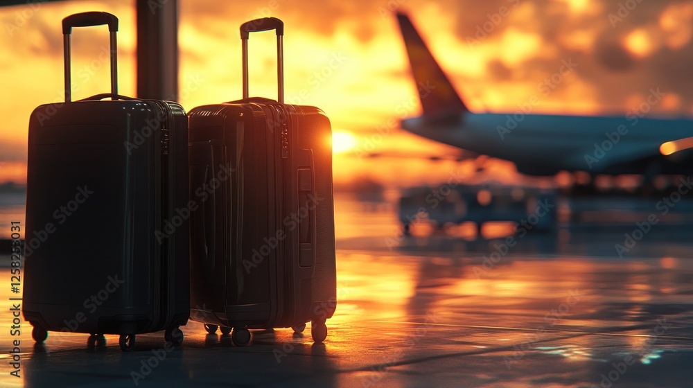 Sunset Departure Two suitcases at airport, plane in background. Travel blog/website