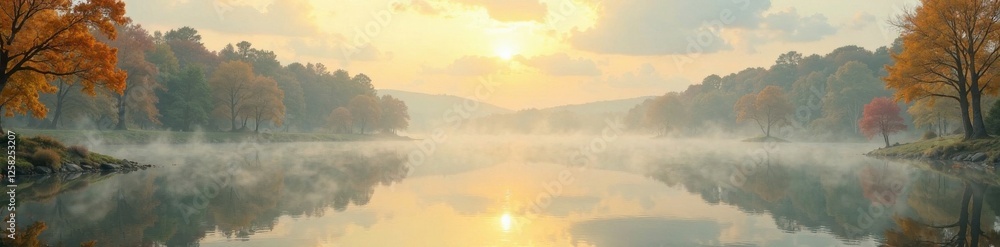 Delicate gold foil background with subtle reflections of a serene lake on a misty morning, peaceful, reflection