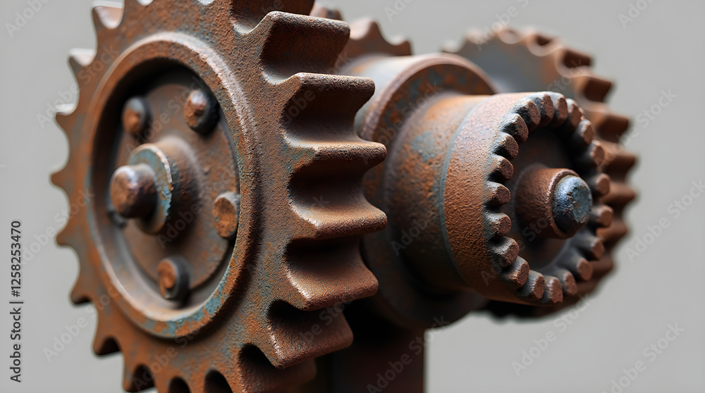 Rusty metal gears interlocking, turning smoothly within complex mechanical system Rusty metal gears interlocking, turning smoothly within complex mechanical system